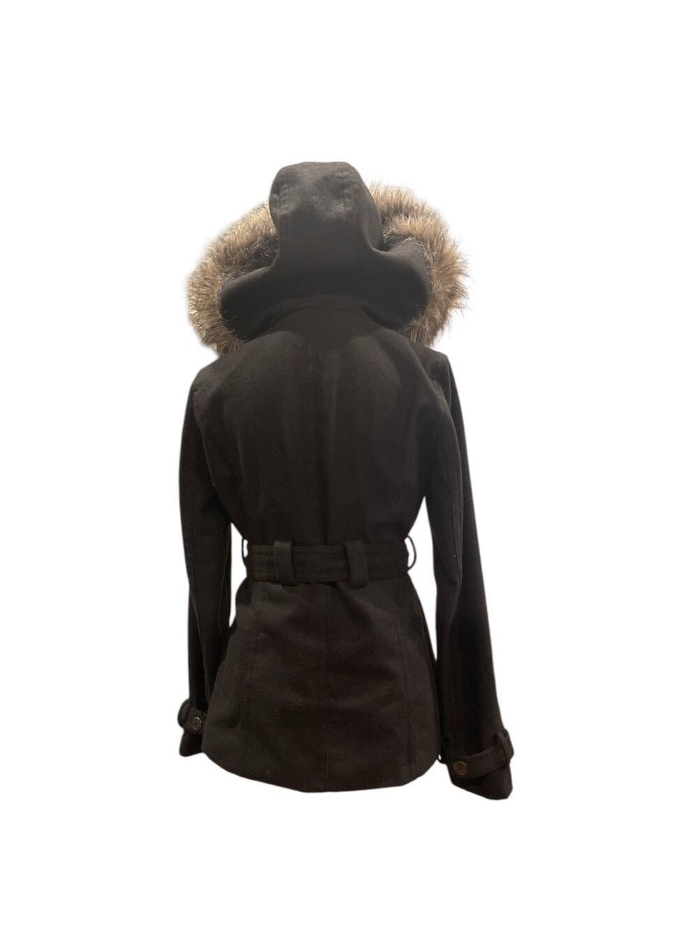 River Island Wool-Blend Belted Coat w/ Faux Fur Hood M | Black Military Style - Picture 3 of 9